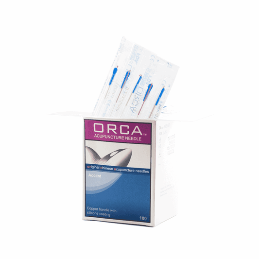 Orca Acupuncture Needles with copper handles and silicone coating for easy placement. Strong and reliable stainless steel needles in secure packaging.