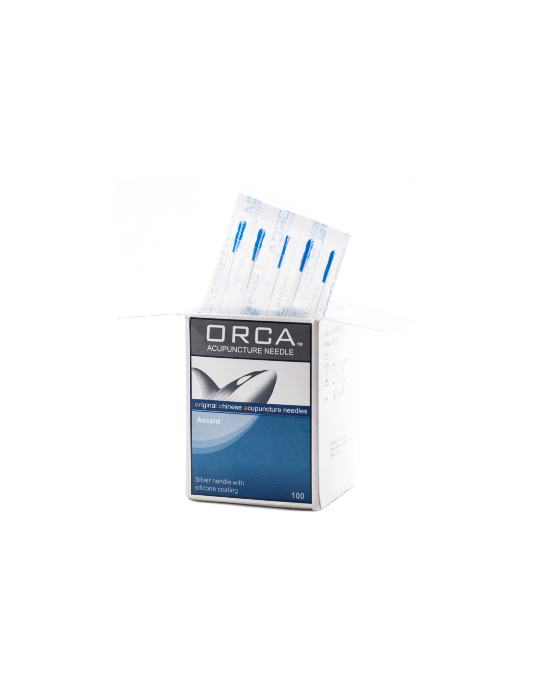 Orca Acupuncture Needles with silver handles and silicone coating for smooth insertion. High-quality stainless steel needles in a convenient box.